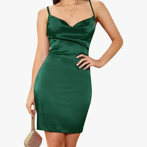 green emerald velvet dress Petite Emerald Green Satin Strappy Straight Neck Bodycon Dress – Beyond Pink main image 0